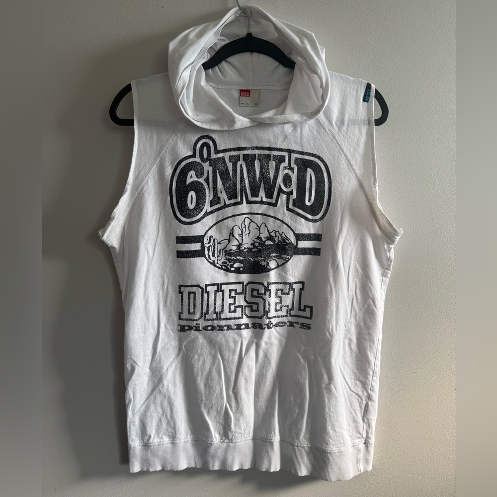 Vintage Diesel White Graphic Sleeveless hooded Top